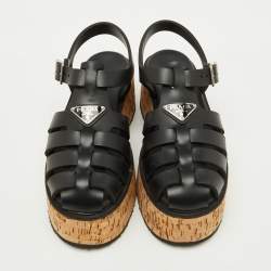 Pre Owned Prada Black Rubber Monolith Cage Cork Platform Sandals Size 39