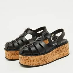 Pre Owned Prada Black Rubber Monolith Cage Cork Platform Sandals Size 39