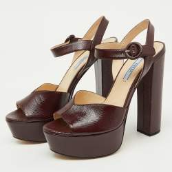 Prada Burgundy Saffiano Patent Leather Platform Ankle Strap Sandals Size 39