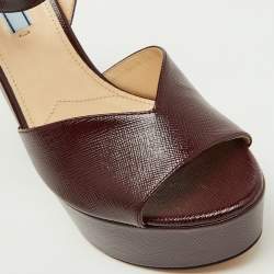 Prada Burgundy Saffiano Patent Leather Platform Ankle Strap Sandals Size 39