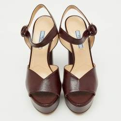 Prada Burgundy Saffiano Patent Leather Platform Ankle Strap Sandals Size 39