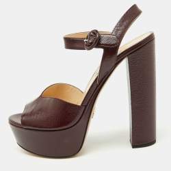 Prada Burgundy Saffiano Patent Leather Platform Ankle Strap Sandals Size 39