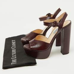 Prada Burgundy Saffiano Patent Leather Platform Ankle Strap Sandals Size 39