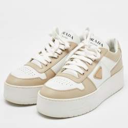Pre Owned Prada White/Beige Leather Downtown Bold Platform Low Top Sneakers Size 39