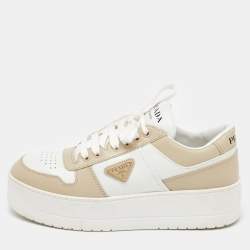Pre Owned Prada White/Beige Leather Downtown Bold Platform Low Top Sneakers Size 39