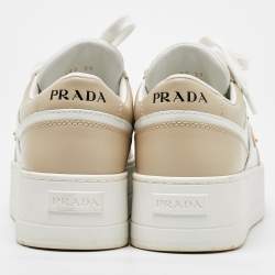 Pre Owned Prada White/Beige Leather Downtown Bold Platform Low Top Sneakers Size 39