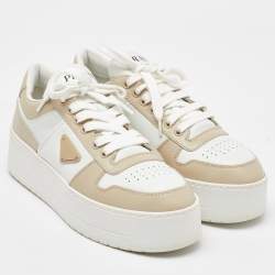 Pre Owned Prada White/Beige Leather Downtown Bold Platform Low Top Sneakers Size 39