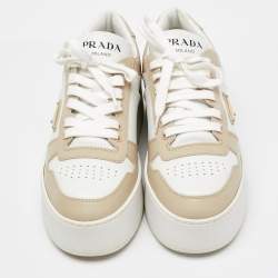 Pre Owned Prada White/Beige Leather Downtown Bold Platform Low Top Sneakers Size 39