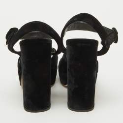 Prada Black Velvet Block Heel Platform Ankle Strap Sandals Size 38
