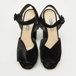 Prada Black Velvet Block Heel Platform Ankle Strap Sandals Size 38