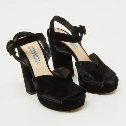 Prada Black Velvet Block Heel Platform Ankle Strap Sandals Size 38