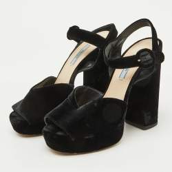 Prada Black Velvet Block Heel Platform Ankle Strap Sandals Size 38