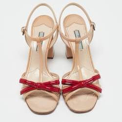 Prada Beige/Red Patent Leather Bow Ankle Strap Sandals Size 38