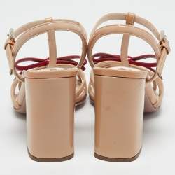 Prada Beige/Red Patent Leather Bow Ankle Strap Sandals Size 38