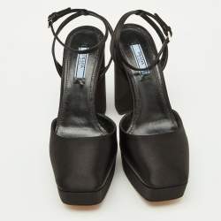 Prada Black Satin Square Toe Platform Ankle Strap Sandals Size 38.5