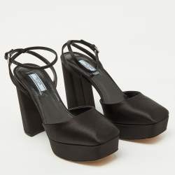 Prada Black Satin Square Toe Platform Ankle Strap Sandals Size 38.5