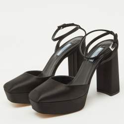 Prada Black Satin Square Toe Platform Ankle Strap Sandals Size 38.5