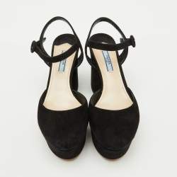 Prada Black Suede Round Toe Platform Ankle Strap Sandals Size 38.5