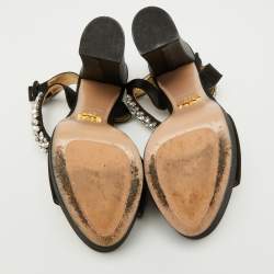 Prada Black Satin Crystal Embellished Ankle Strap Platform Sandals Size 38