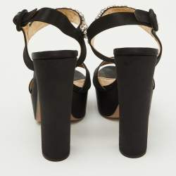 Prada Black Satin Crystal Embellished Ankle Strap Platform Sandals Size 38