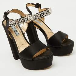 Prada Black Satin Crystal Embellished Ankle Strap Platform Sandals Size 38