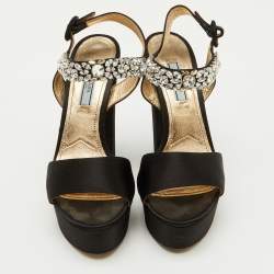 Prada Black Satin Crystal Embellished Ankle Strap Platform Sandals Size 38