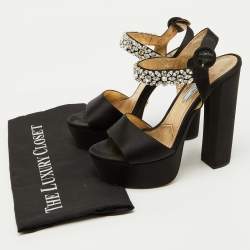 Prada Black Satin Crystal Embellished Ankle Strap Platform Sandals Size 38
