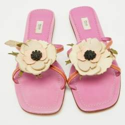 Prada Multicolor Leather Flower Appliqué Flat Slide Sandals Size 38.5