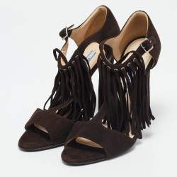 Prada Dark Brown Suede Fringe T-Strap Sandals Size 39.5
