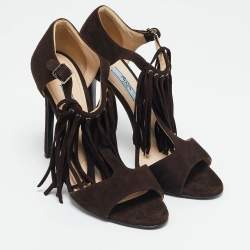 Prada Dark Brown Suede Fringe T-Strap Sandals Size 39.5