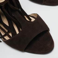 Prada Dark Brown Suede Fringe T-Strap Sandals Size 39.5