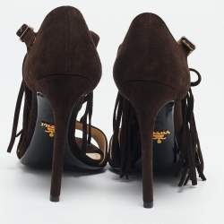 Prada Dark Brown Suede Fringe T-Strap Sandals Size 39.5