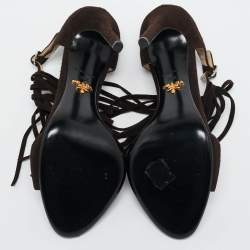 Prada Dark Brown Suede Fringe T-Strap Sandals Size 39.5
