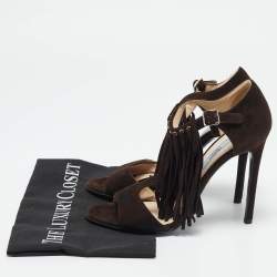 Prada Dark Brown Suede Fringe T-Strap Sandals Size 39.5