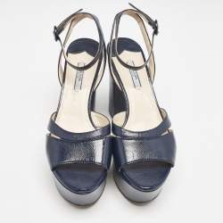 Pre Owned Prada Navy Blue Vernice Saffiano Leather Platform Ankle Strap Sandals Size 39