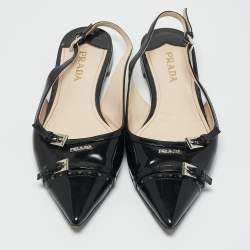 Pre Owned Prada Black Patent Leather Slingback Flats Size 37.5