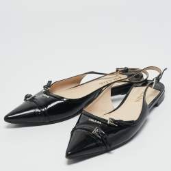 Pre Owned Prada Black Patent Leather Slingback Flats Size 37.5
