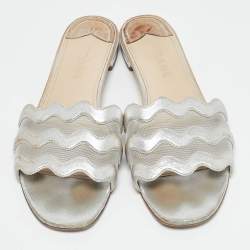 Prada Silver Leather and Mesh Flat Slides Size 40.5