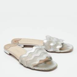 Prada Silver Leather and Mesh Flat Slides Size 40.5