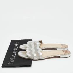 Prada Silver Leather and Mesh Flat Slides Size 40.5