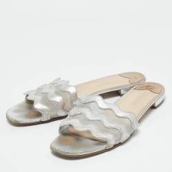 Prada Silver Leather and Mesh Flat Slides Size 40.5
