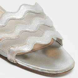 Prada Silver Leather and Mesh Flat Slides Size 40.5