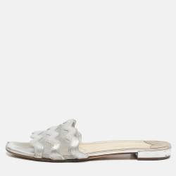 Prada Silver Leather and Mesh Flat Slides Size 40.5