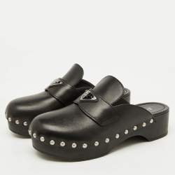 Prada Black Leather Triangle Logo Studded Platform Clogs Size 38