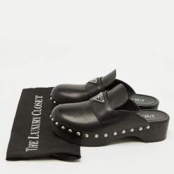 Prada Black Leather Triangle Logo Studded Platform Clogs Size 38