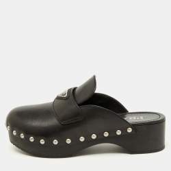 Prada Black Leather Triangle Logo Studded Platform Clogs Size 38