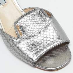 Prada Silver Snakeskin Embossed Leather Slide Sandals Size 39