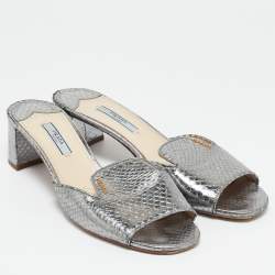 Prada Silver Snakeskin Embossed Leather Slide Sandals Size 39