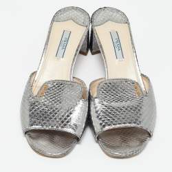 Prada Silver Snakeskin Embossed Leather Slide Sandals Size 39