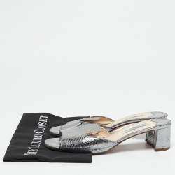 Prada Silver Snakeskin Embossed Leather Slide Sandals Size 39